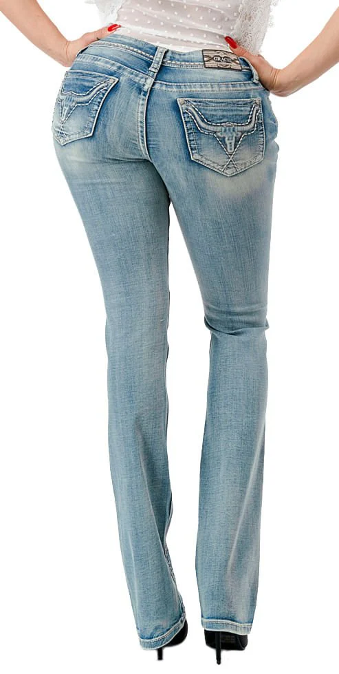 Grace in LA Women's Western 3D Steer Head Mid Rise Bootcut Jeans - Image 2