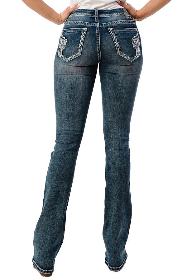 Grace in LA Women's Western Cactus Embellished Mid Rise Bootcut Jeans - Image 2