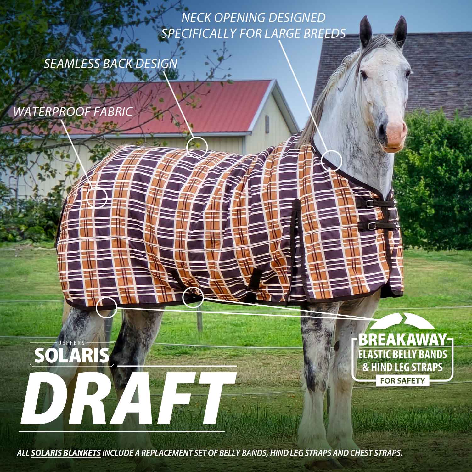 Jeffers Solaris 1200 Denier Draft Horse Turnout Sheet, 0g Fill, Brown & Cream Plaid - Image 2
