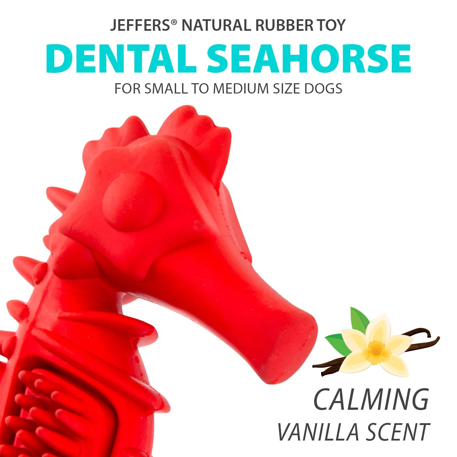 Jeffers Red Seahorse Natural Rubber Dog Chew Toy with Vanilla Scent and Textured Ridges for Dental Health - Image 2