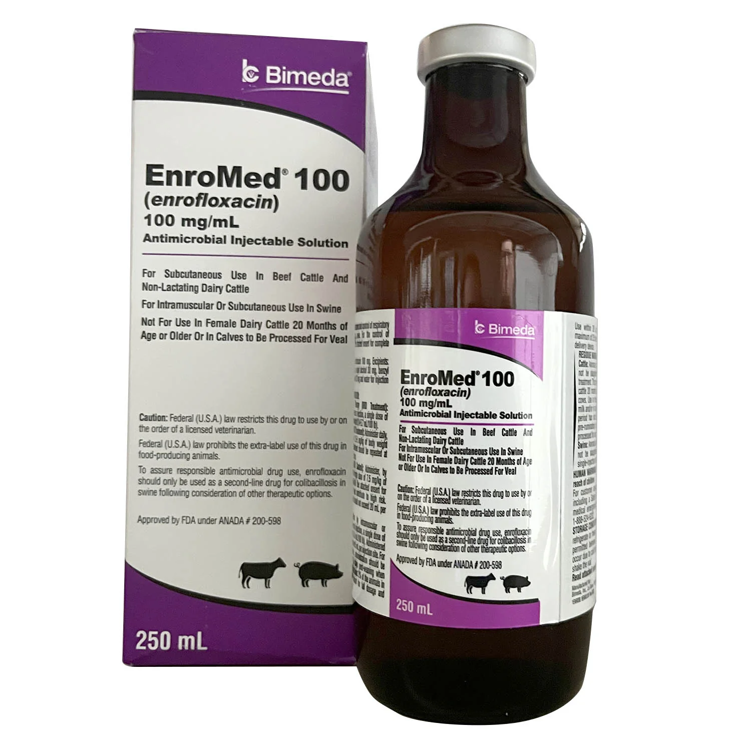 Rx EnroMed 100 (enrofloxacin) Injection for Swine & Cattle, 250 mL