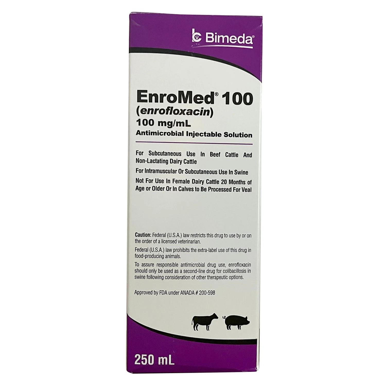 Rx EnroMed 100 (enrofloxacin) Injection for Swine & Cattle, 250 mL - Image 2