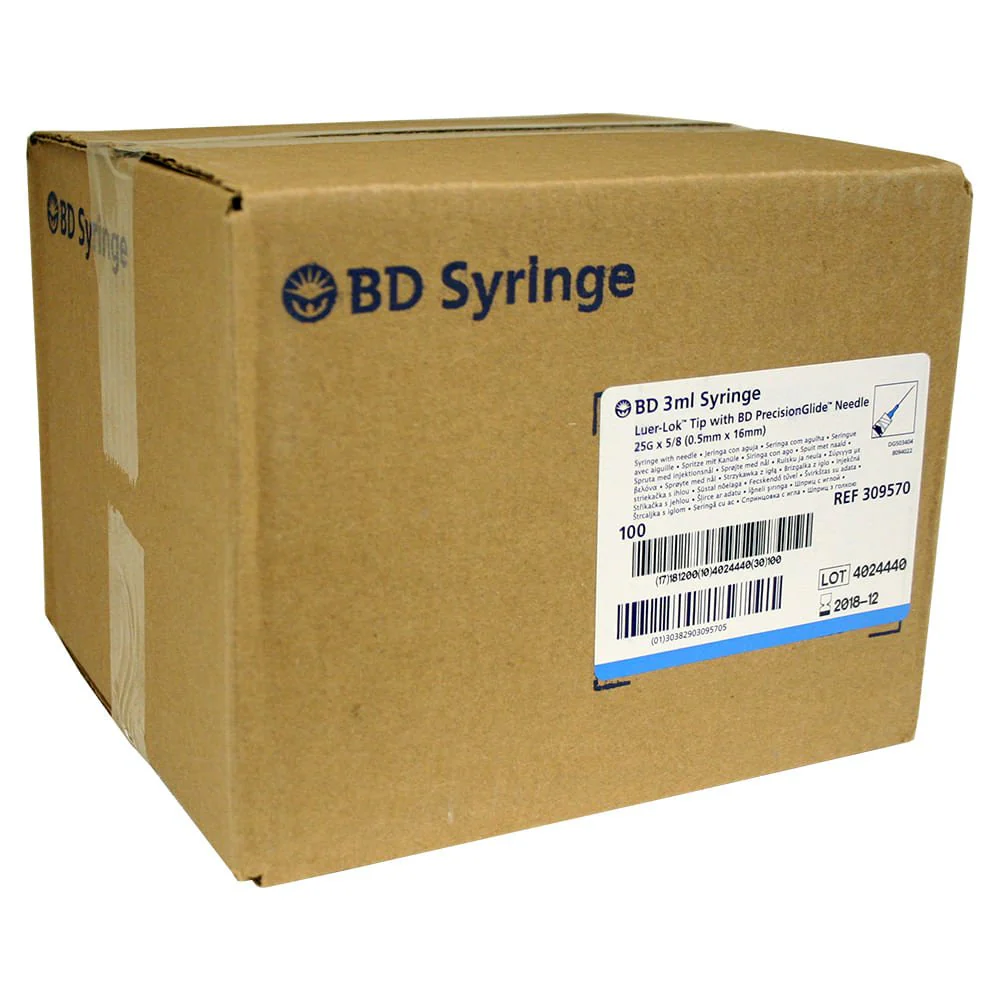 Rx BD Luer-Lock (LL) Syringe with Needle Combo, 3cc with 25ga x 5/8", Box of 100