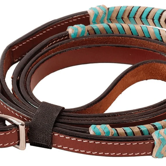 Buffalo Leather Turquoise Rawhide Laced Roping Rein, 7 ft - Image 2